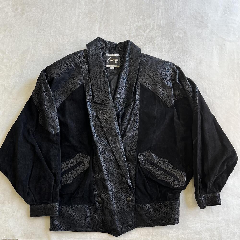 Vintage G-III Leather Jacket Women's M Black Snakeskin Bomber Animal Print 80s